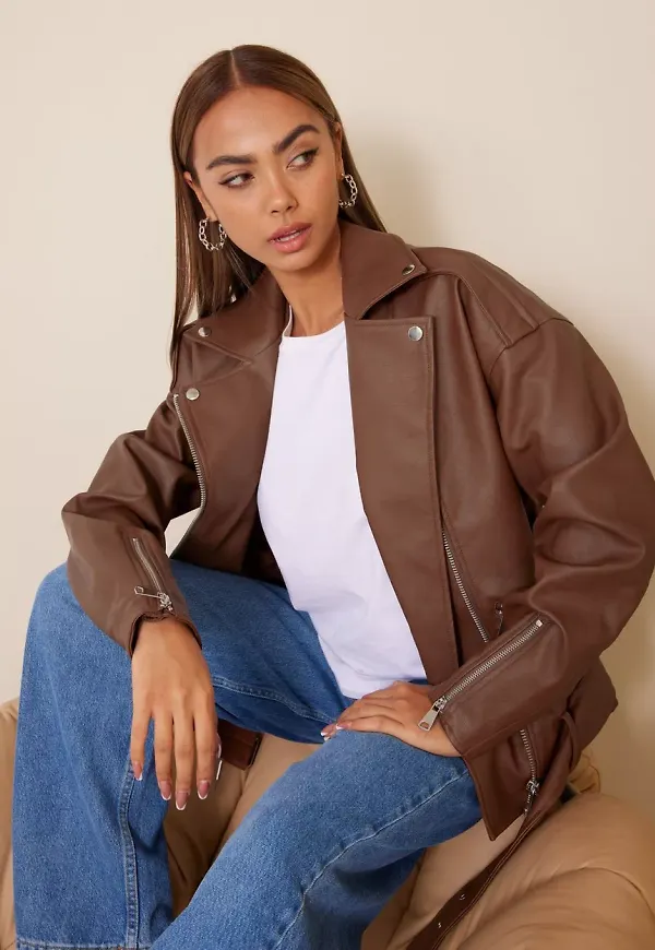 Missguided - Jackor - Brown - Boyfriend Belted Faux Leather Biker - Jackor & Kappor - Jackets