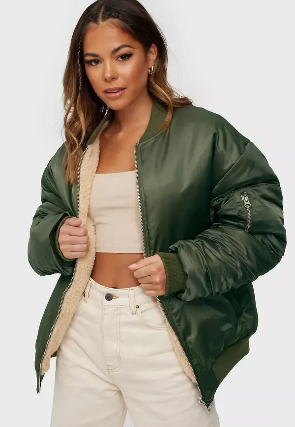 Missguided - Khaki - Reversable Oversized Borg Bomber