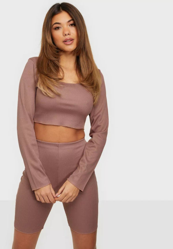 Missguided - Playsuits - Brown - Rib Neck Crop Top & Cycling Shorts - Jumpsuits & Sets - Playsuits