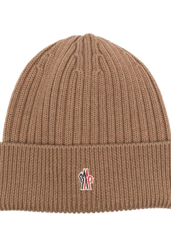 Moncler Grenoble ribbstickad mössa med broderad logotyp - Brun