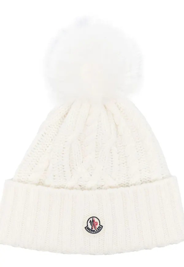 Moncler kabelstickad mössa med boll - Vit
