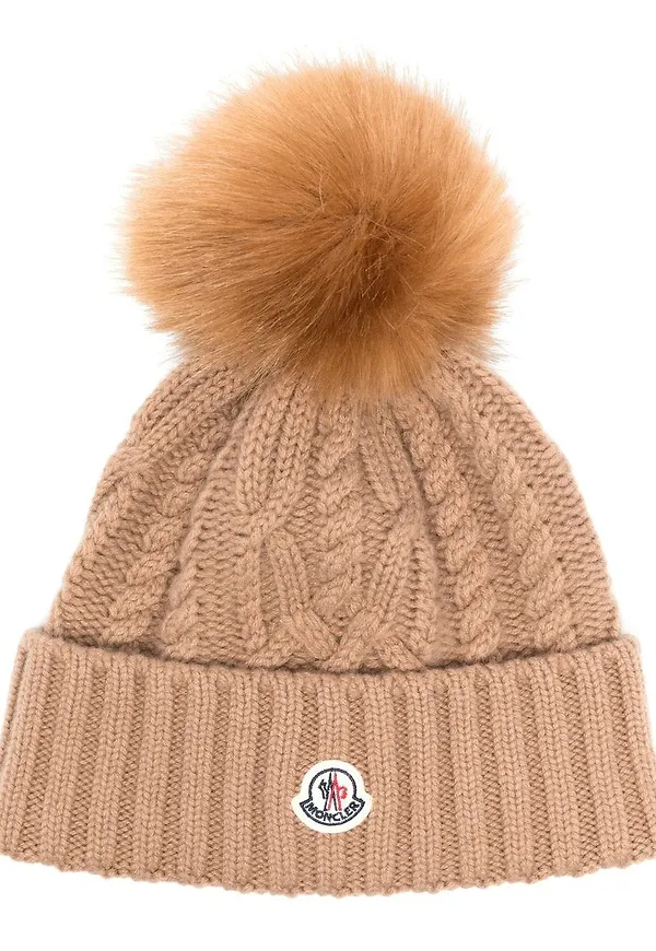 Moncler logo-patch cable-knit beanie - Brun