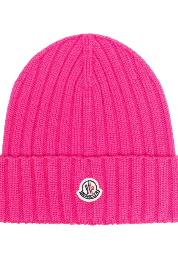 Moncler logo-patch ribbed beanie - Rosa