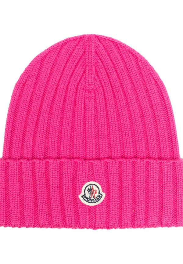 Moncler logo-patch ribbed beanie - Rosa