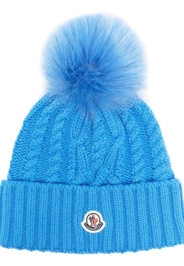 Moncler logo-patch ribbed pompom beanie - Blå
