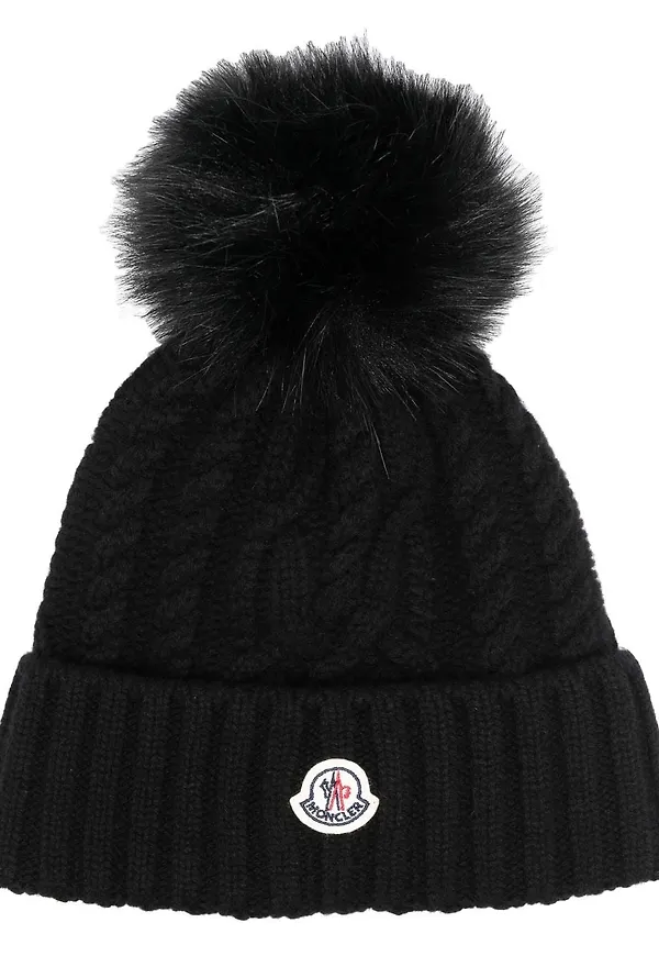 Moncler logo-patch ribbed pompom beanie - Svart