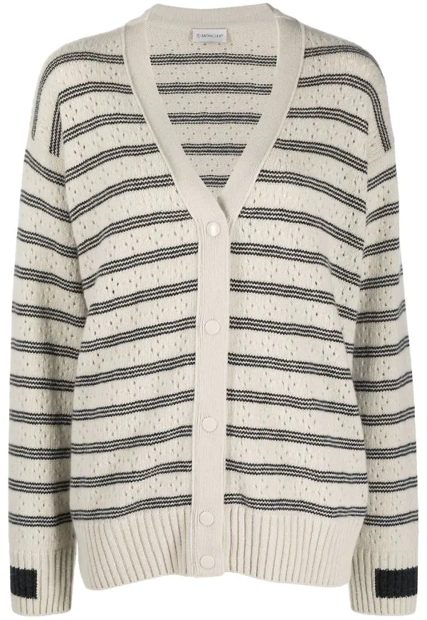 Moncler randig pointellestickad kofta - Neutral