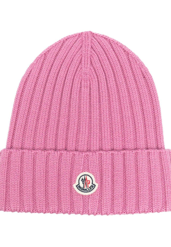 Moncler ribbad mössa med logotyp - Rosa