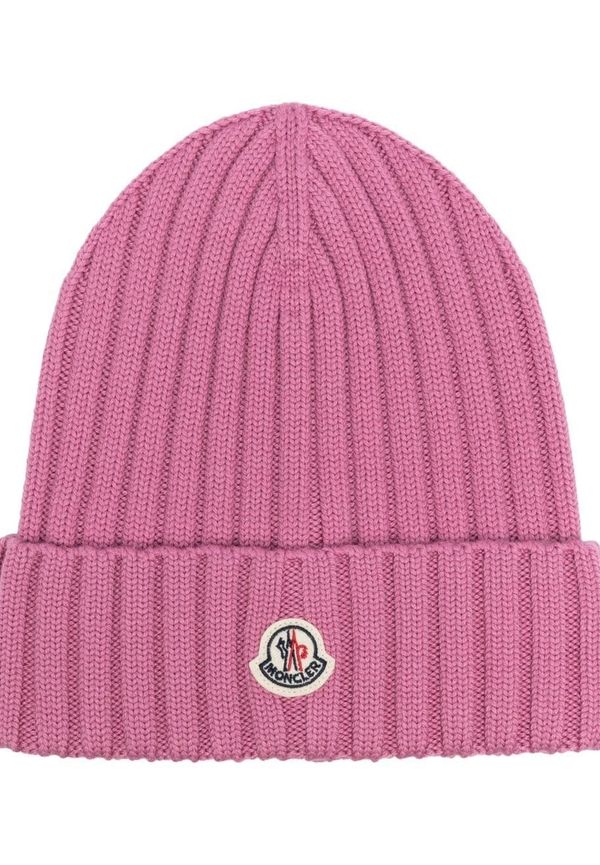 Moncler ribbstickad mössa - Rosa
