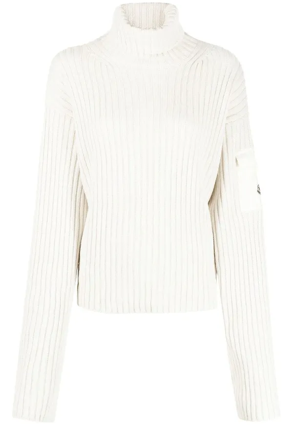 Moncler ribbstickad tröja med rullkrage - Neutral