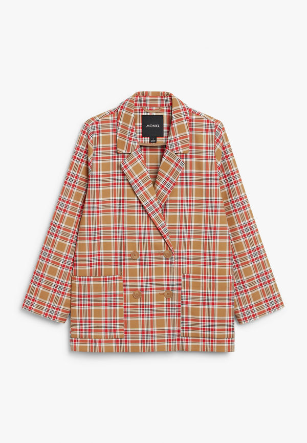 Monki Beigerutig Kavaj Med Dubbelknäppning Rutor I Mörkbeige, Blazers i storlek M