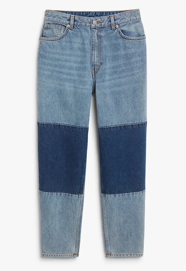 Monki Blockmönstrade Jeans Taiki, Straight i storlek W 25 och färg Blå