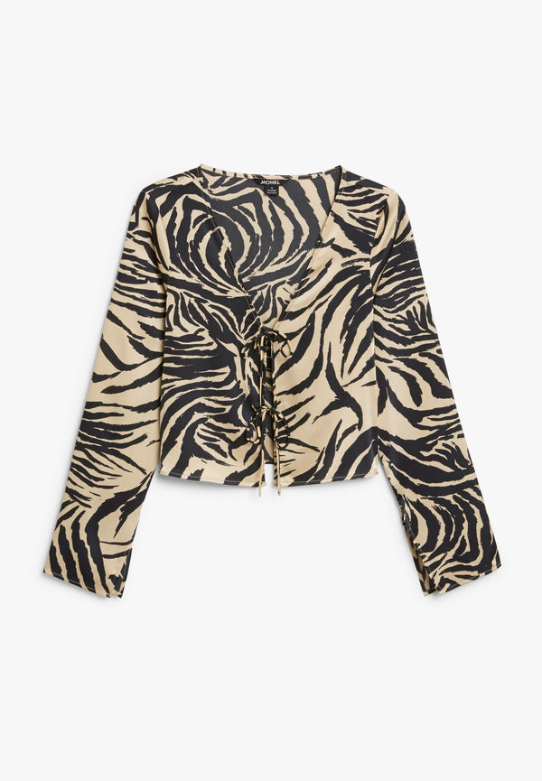 Monki Blus I Satin Med Knytband Beige Tigermönster, Blusar i storlek S och färg Flerfärgad