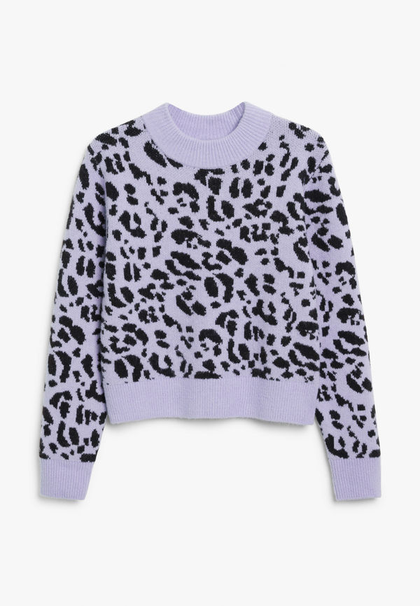 Monki Finstickad Lila Leopardmönstrad Tröja Lila/leopard i storlek XS och färg Svartvit