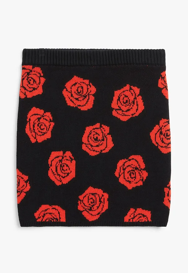 Monki Stickad Minikjol I Jacquard Röda Rosor, Kjolar i storlek XS