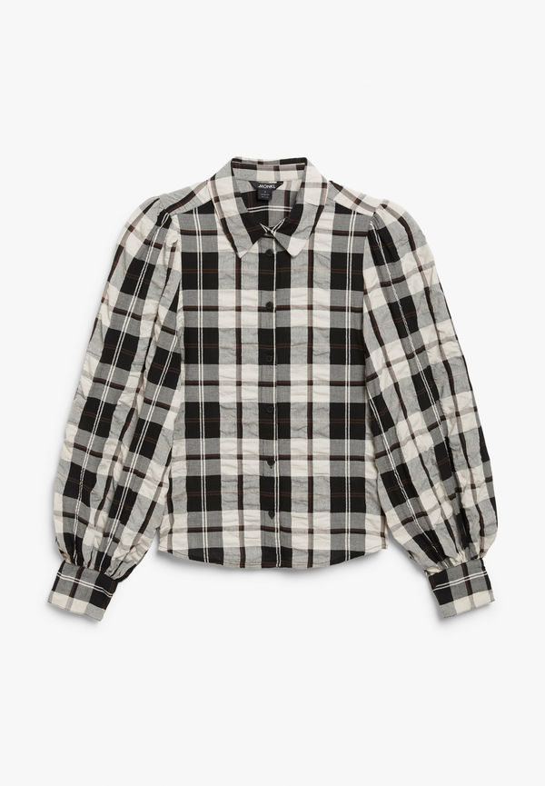 Monki Svart- Och Vitrutig Skjorta Med Ballongärm, Casualskjortor i storlek XXS