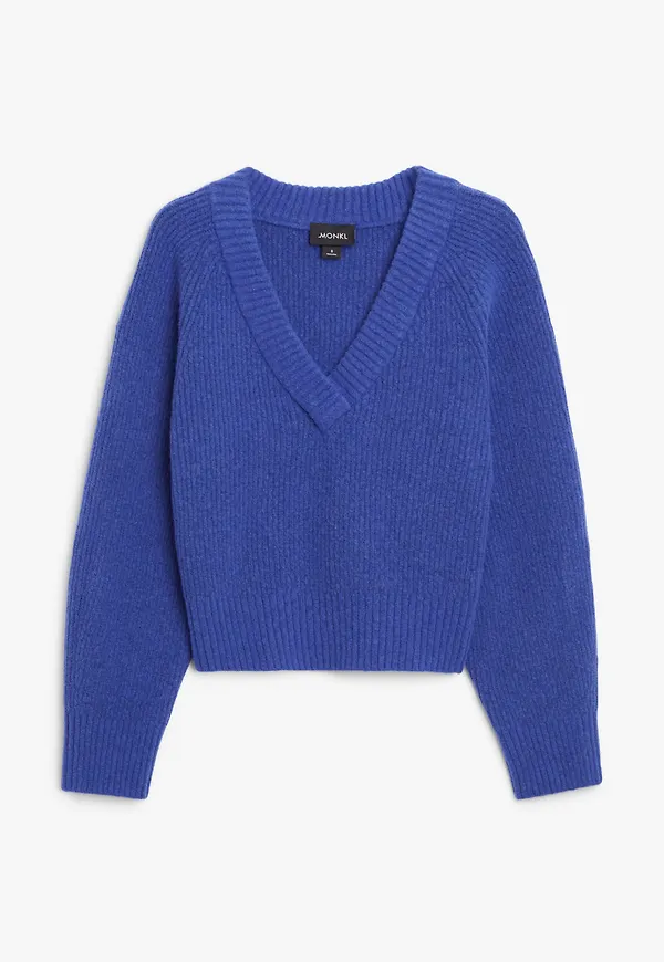 Monki V-ringad Stickad Tröja Klarblå i storlek XS