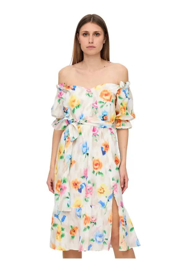 Moschino, Klänning, Dam, S, Bomull, Livlig Sommar Midi Klänning med Rynkade ärmar