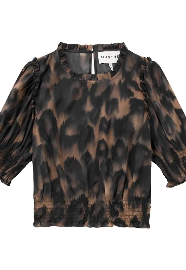 Munthe, Blusar & Skjortor , Dam, S, Leopardmönstrad Cropped Top med Smockdetaljer
