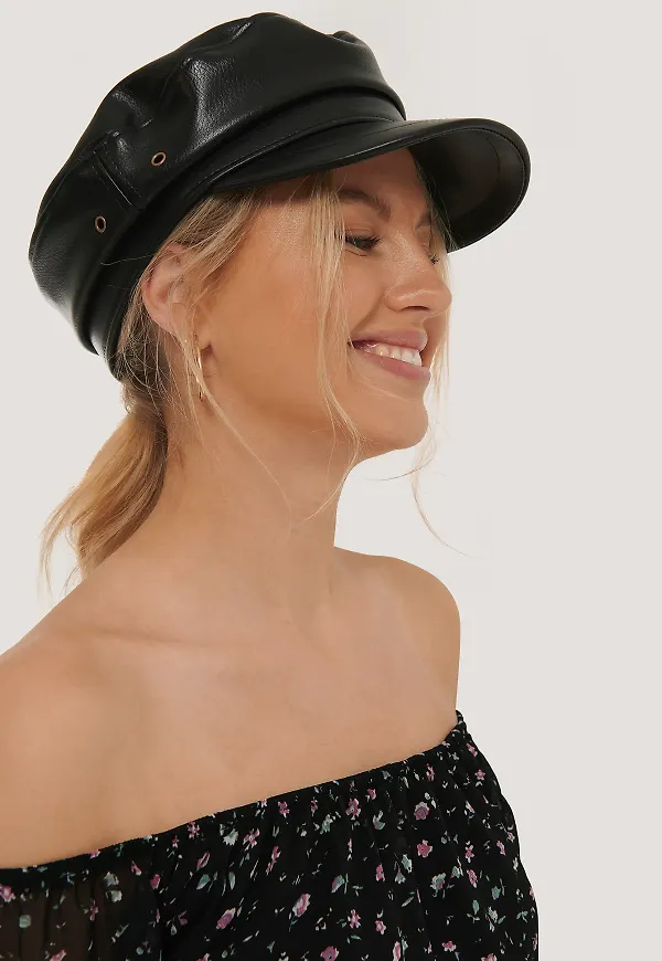 NA-KD Accessories Faux Leather Captain Cap - Black