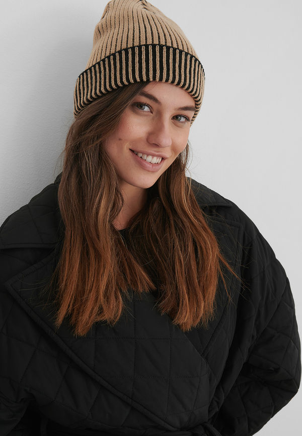 NA-KD Accessories Tvåtonad, Ribbad Beanie - Beige