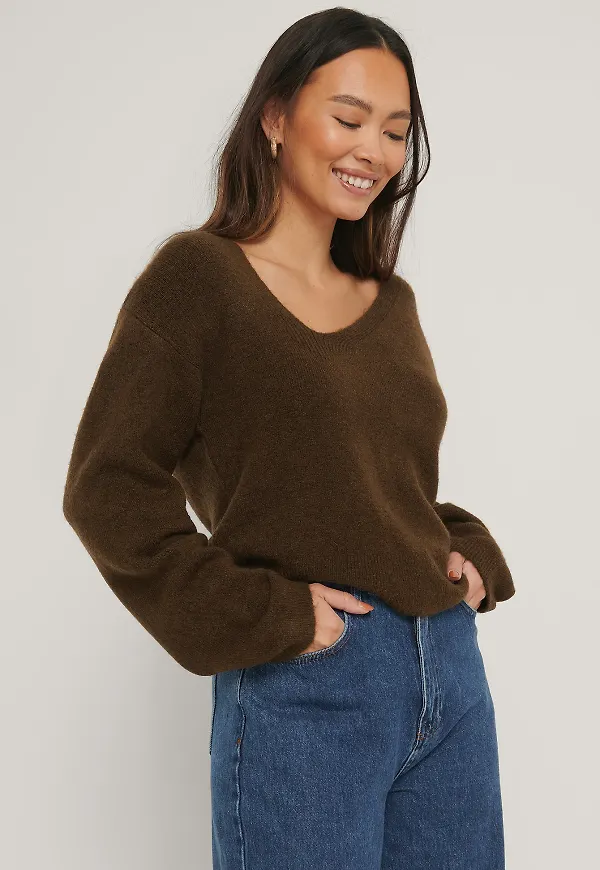 NA-KD Asymmetric Neckline Knitted Sweater - Brown