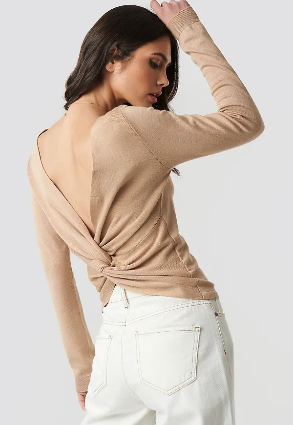 NA-KD Back Cross Knitted Sweater - Beige
