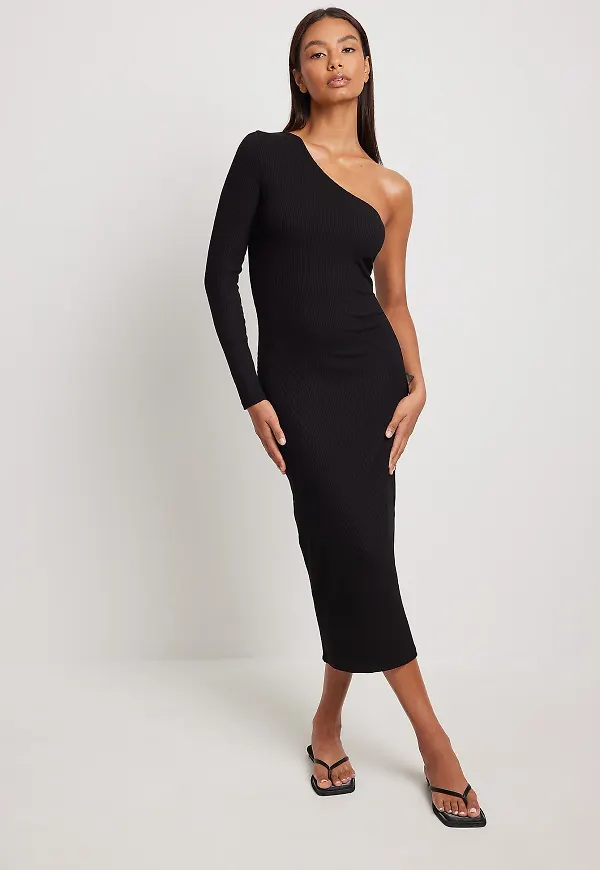 NA-KD Basic Enärmad ribbad midiklänning - Black