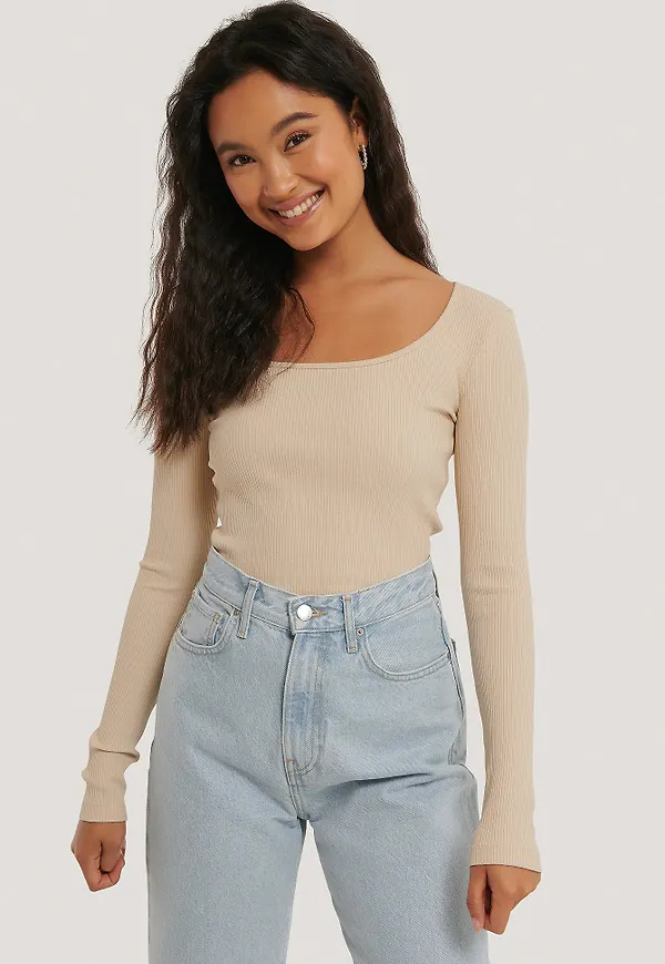 NA-KD Basic Långärmad ribbtopp - Beige