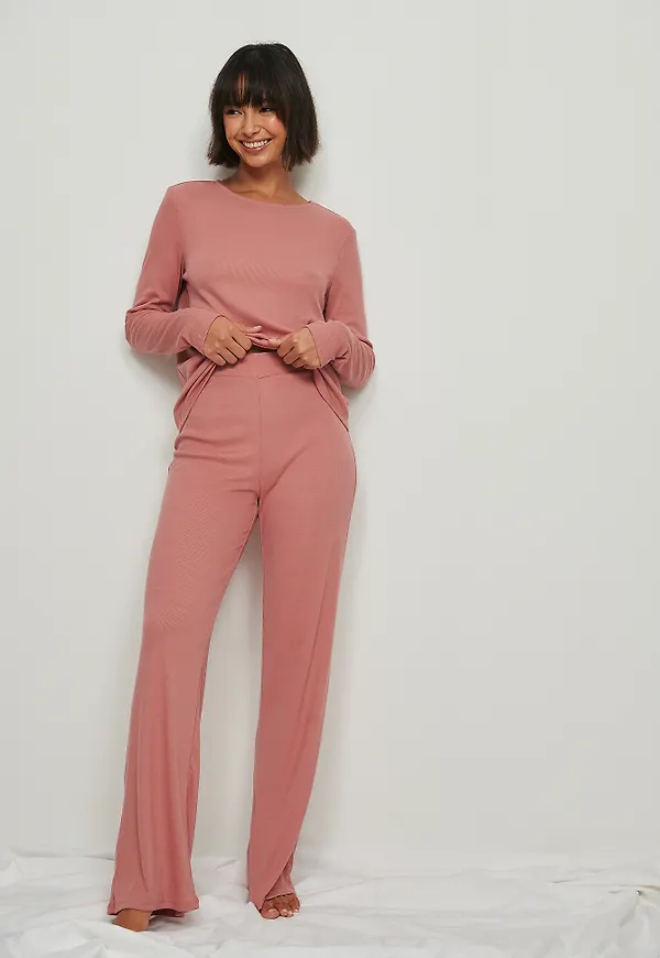 NA-KD Basic Mjuka, ribbade, vida basic byxor - Pink
