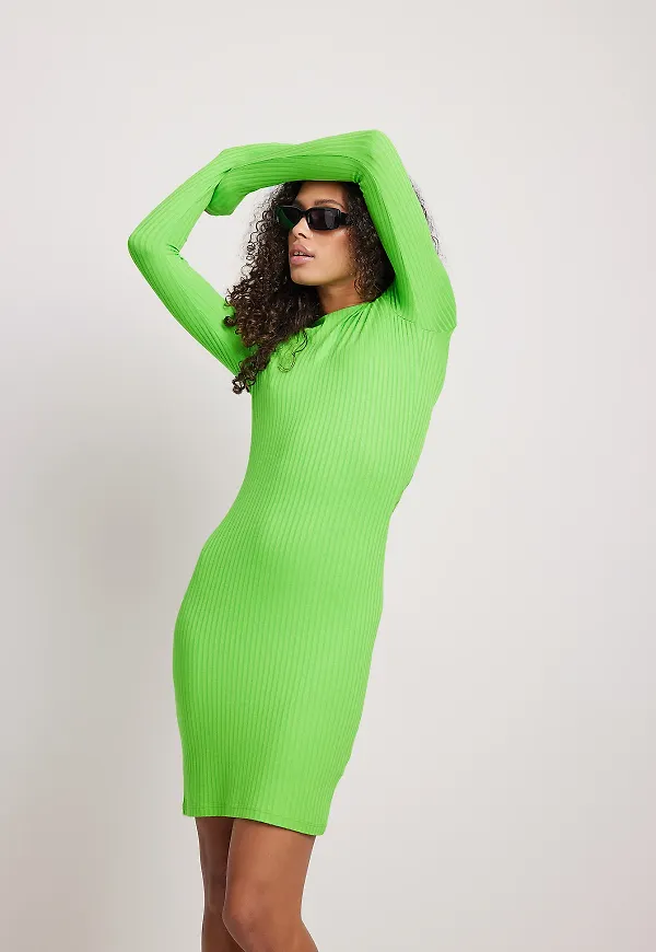 NA-KD Basic Recycled ribbad miniklänning - Green