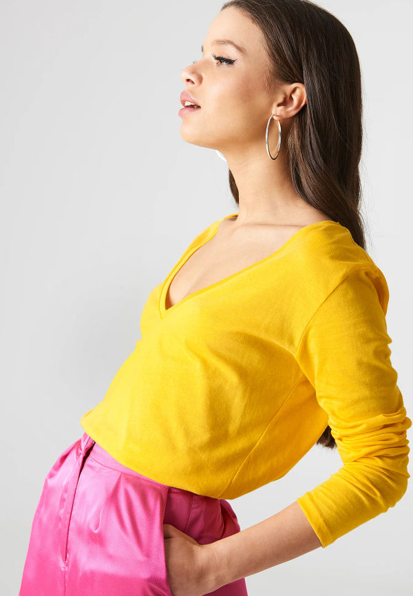NA-KD Basic V-neck Long Sleeve Top - Yellow