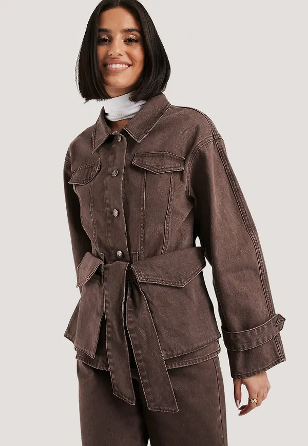 NA-KD Belted Denim Jacket - Brown