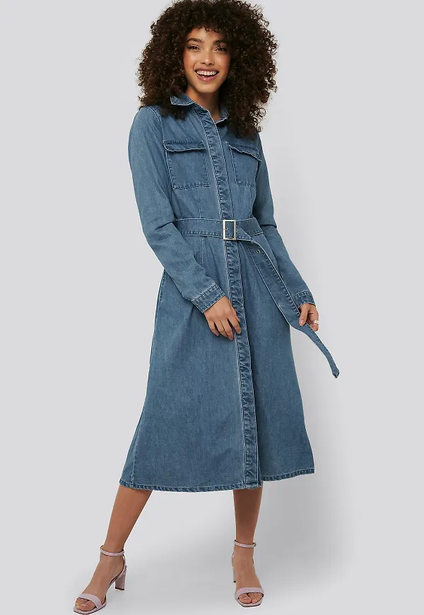 NA-KD Belted Denim Shirt Dress - Blue