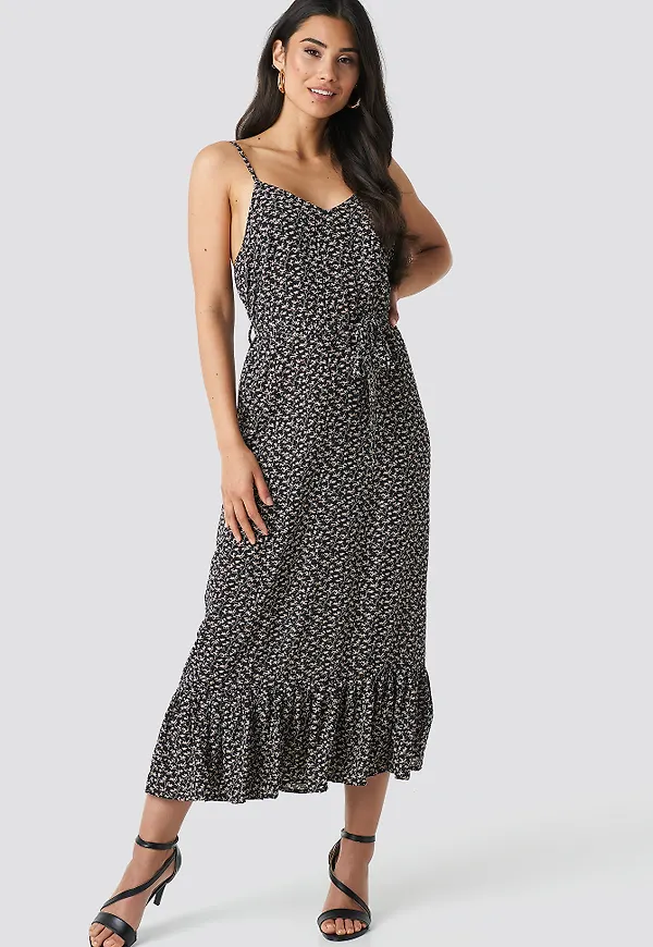NA-KD Belted Flounce Midi Dress - Black