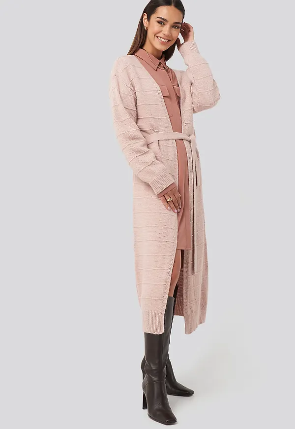 NA-KD Belted Long Cardigan - Pink