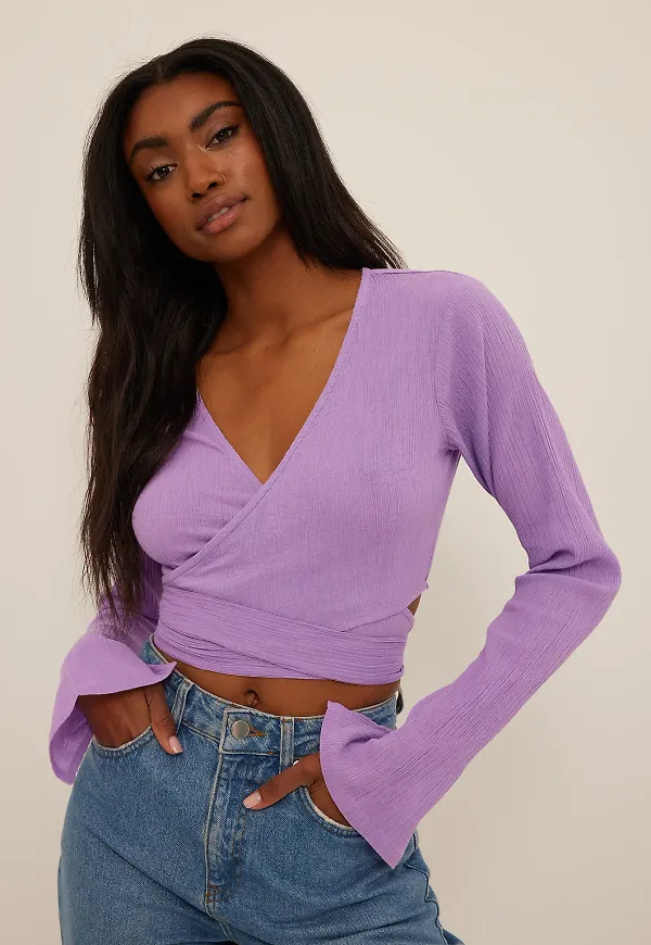NA-KD Blus i mjuk bomull och knytning i midjan - Purple