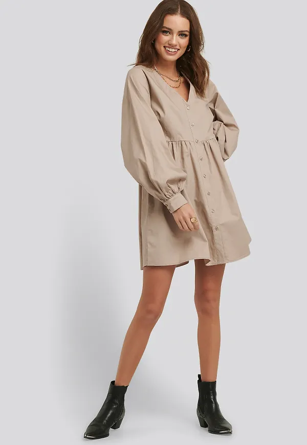 NA-KD Boho Balloon Sleeve Mini Shirt Dress - Beige