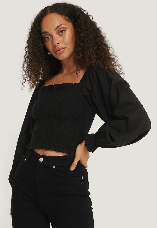 NA-KD Boho Dobbyblus Med Smock - Black