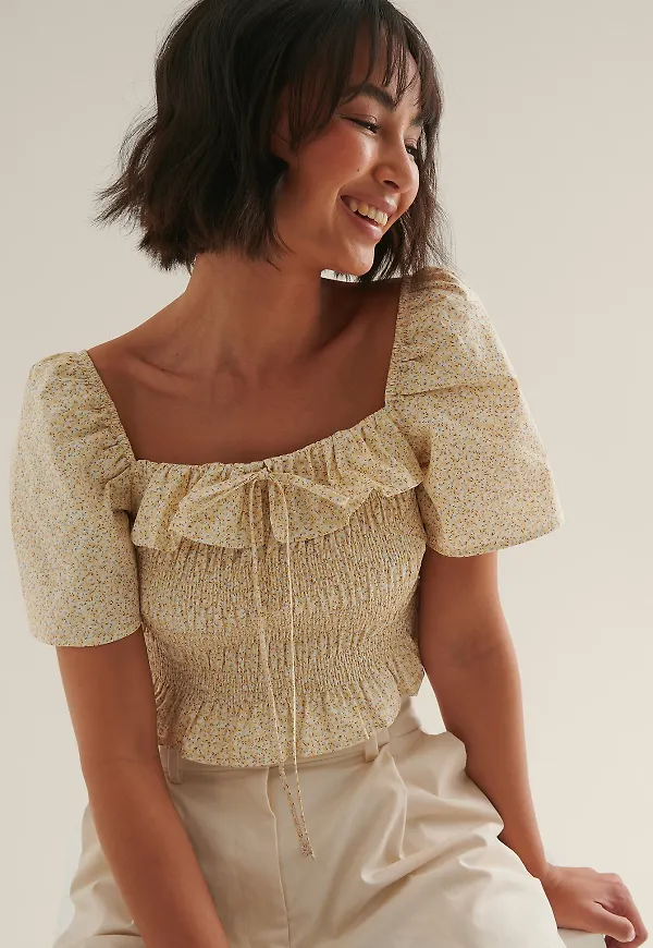 NA-KD Boho Ekologisk volangtopp - Yellow,Flower