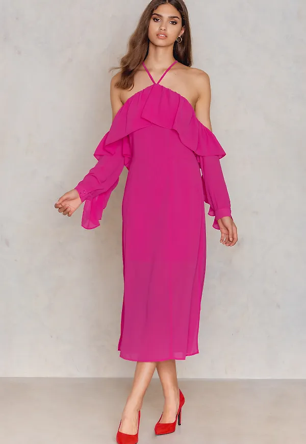 NA-KD Boho Frill A-neck Midi Dress - Pink
