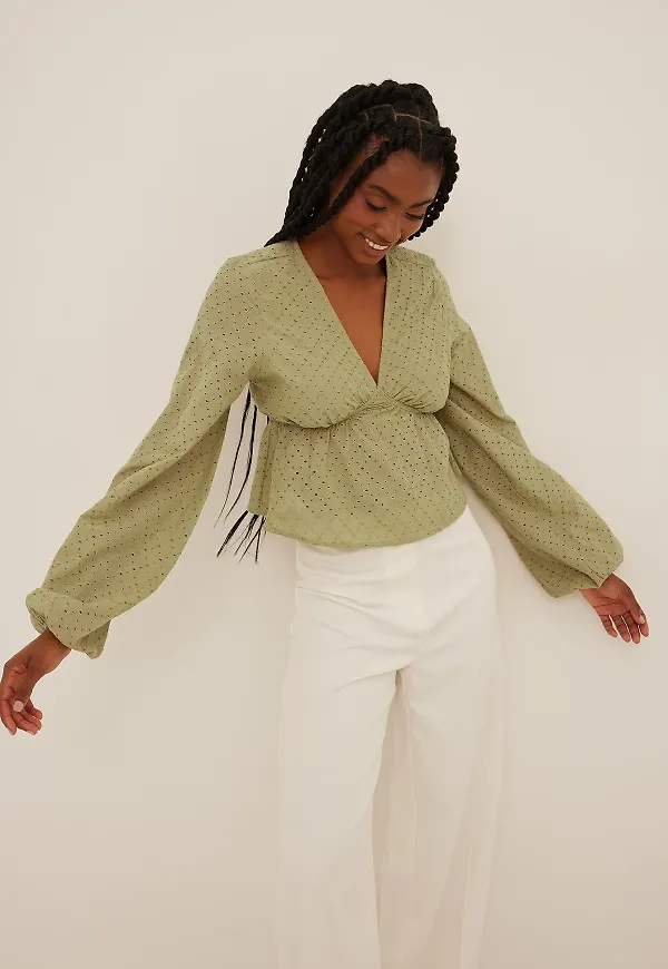 NA-KD Boho Long Sleeve Anglaise Blouse - Green