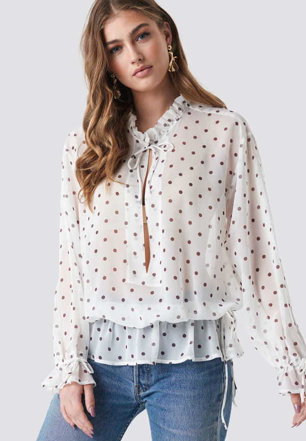NA-KD Boho Polka Dot Tie Detail Blouse - White
