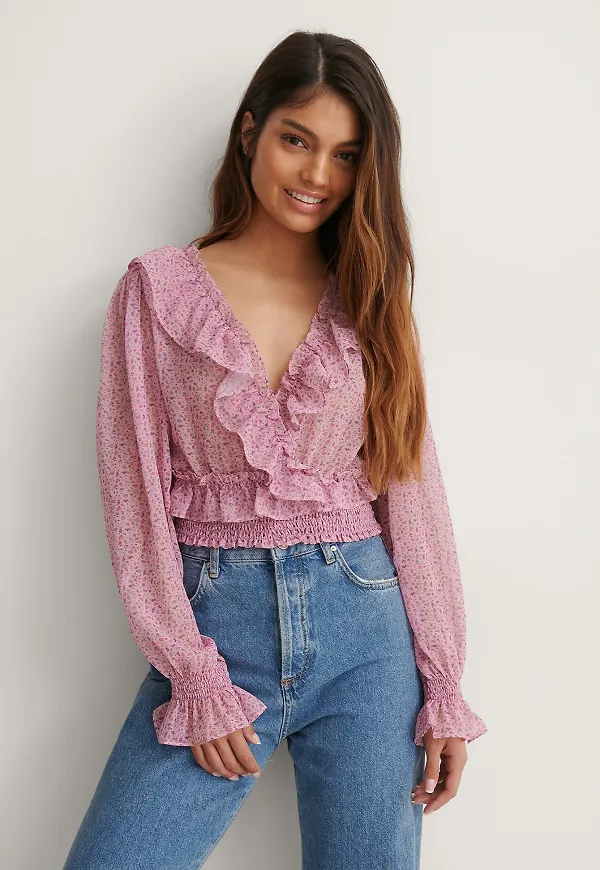 NA-KD Boho Recycled croppad volangtopp - Pink