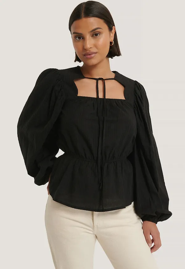 NA-KD Boho Scalloped Neckline Blouse - Black