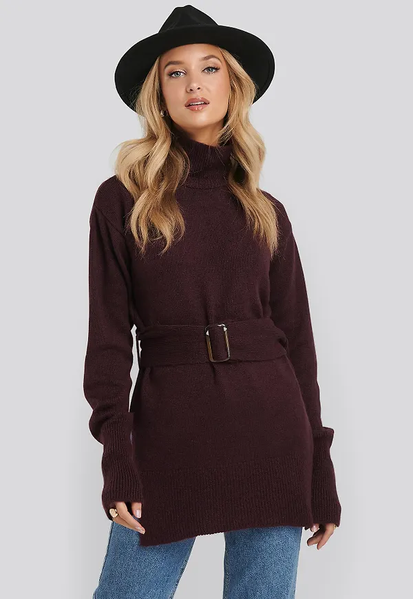 NA-KD Buckle Belt Knitted Sweater - Red