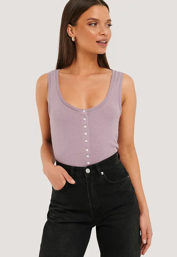 NA-KD Button Ribbed Tank Top - Purple