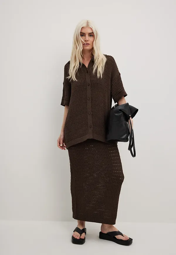 NA-KD Chenille Knitted Maxi Skirt - Brown