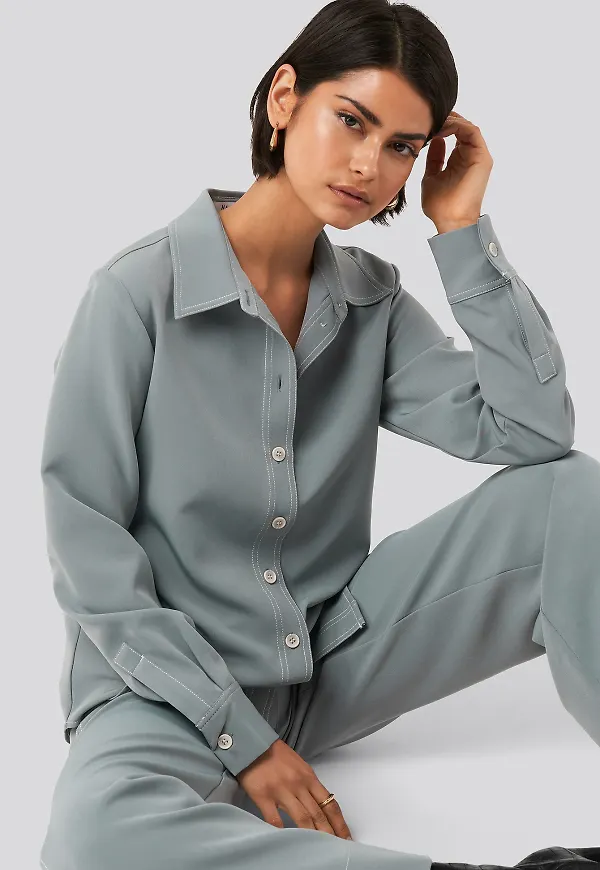 NA-KD Classic Contrast Seam Overshirt - Blue