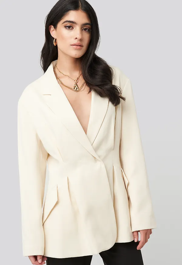 NA-KD Classic Gathered Waist Blazer - White,Beige
